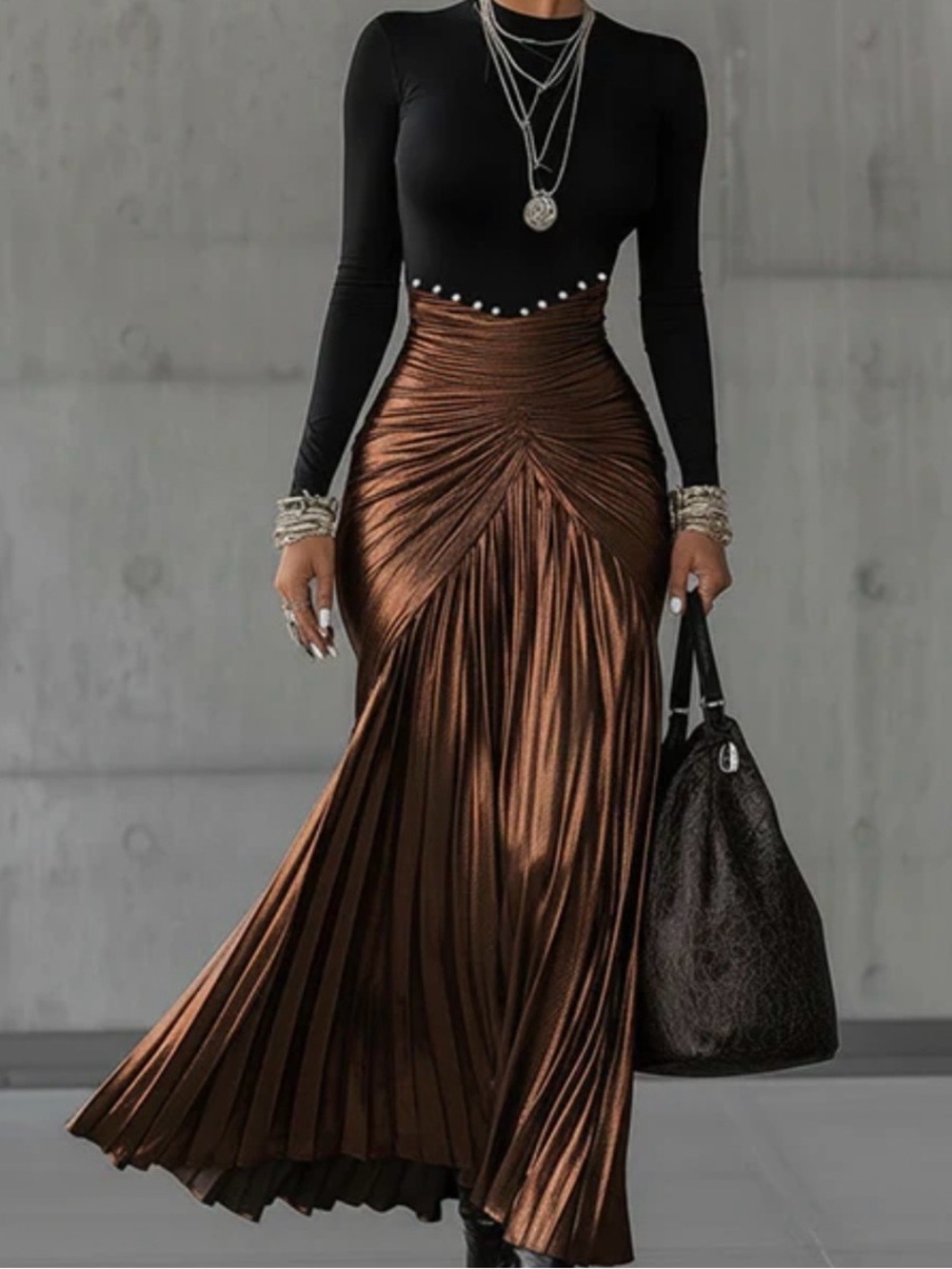 Women’s Black and Silver Long Sleeve Metallic Skirt Dress - Size Small